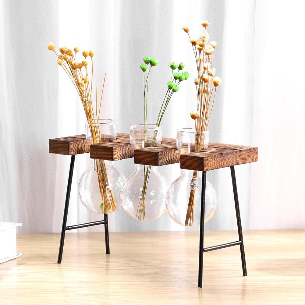 BLOOMERA - Glass Plant Vase with Metal &amp; Wooden Stand