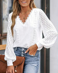 Blouse - Broderie Anglaise V Neck & Breathable Cotton Blend