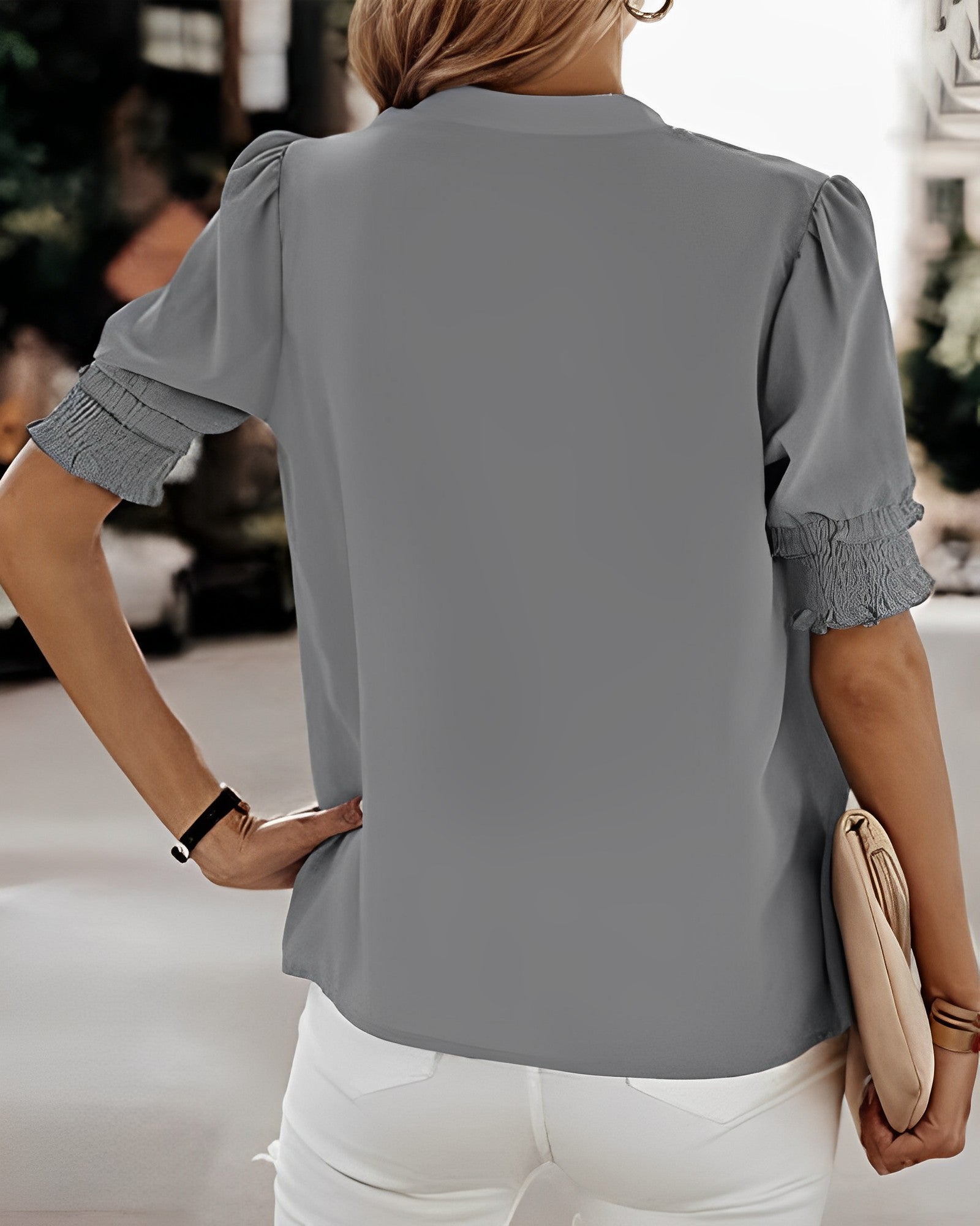 Blouse - V Neck Puff Sleeves &amp; Relaxed Shape Comfort