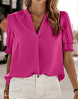 Blouse - V Neck Puff Sleeves & Relaxed Shape Comfort