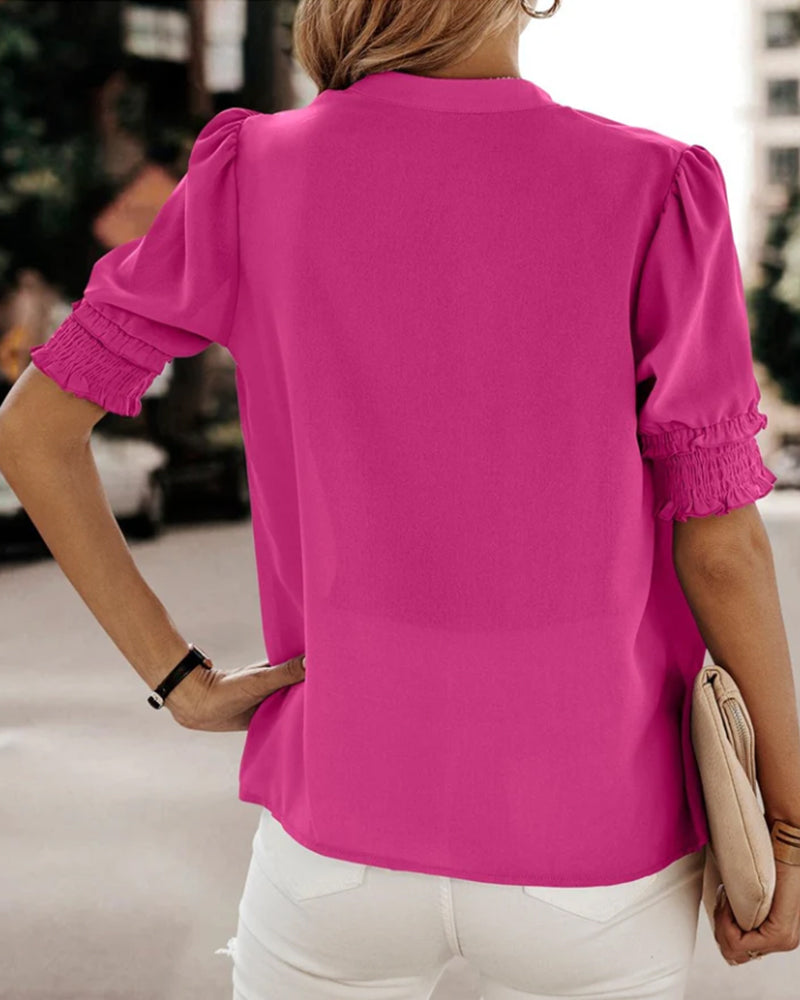 Blouse - V Neck Puff Sleeves &amp; Relaxed Shape Comfort