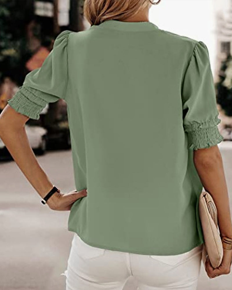 Blouse - V Neck Puff Sleeves &amp; Relaxed Shape Comfort