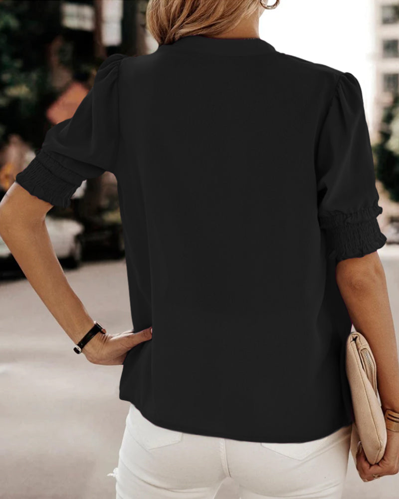 Blouse - V Neck Puff Sleeves &amp; Relaxed Shape Comfort