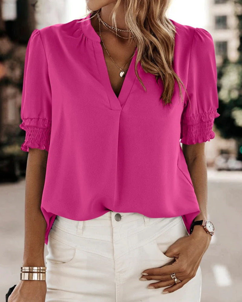 Blouse - V Neck Puff Sleeves & Relaxed Shape Comfort