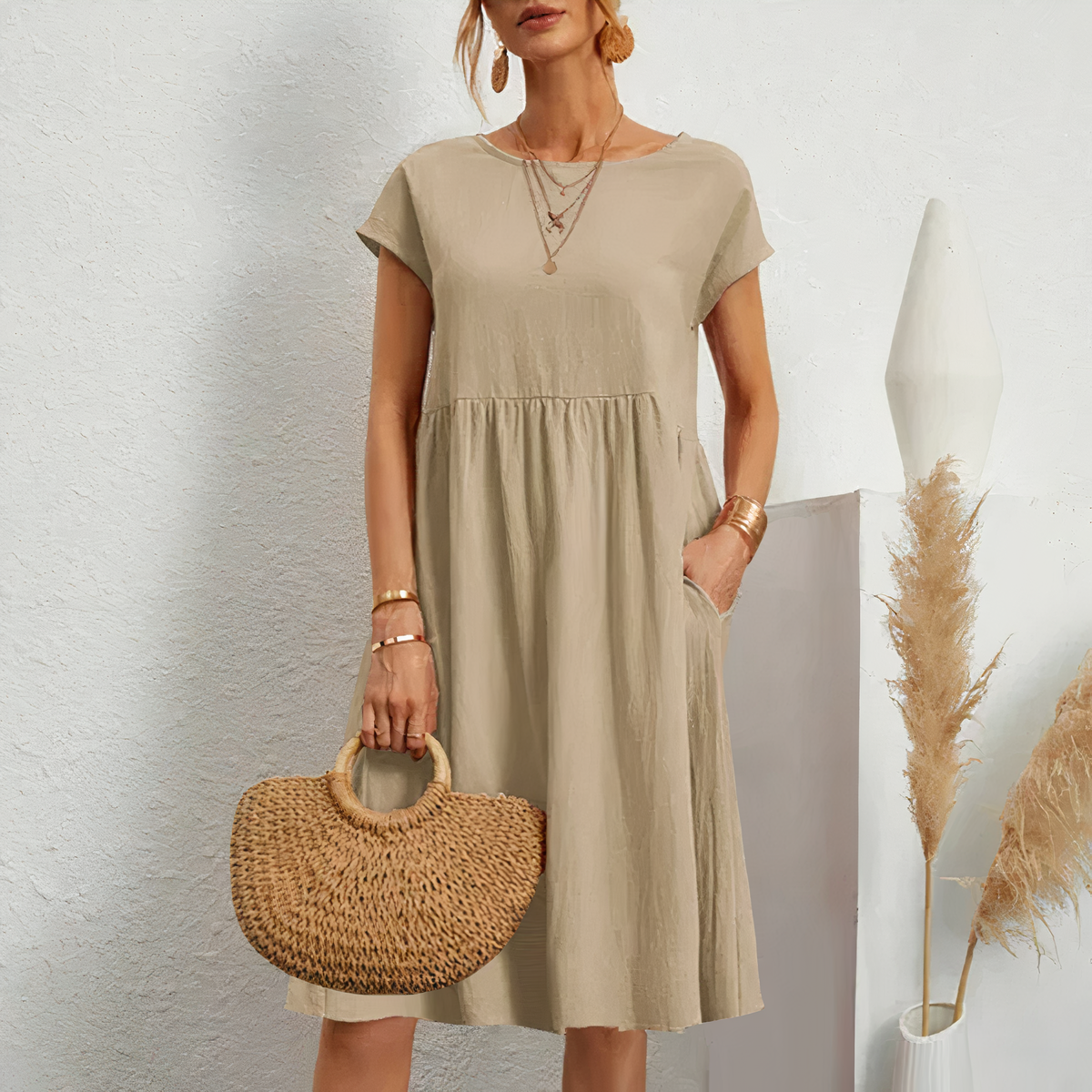 Cotton Blend Dress- Knee Length Side Pockets &amp; Fitted Waist