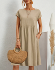 Cotton Blend Dress- Knee Length Side Pockets & Fitted Waist