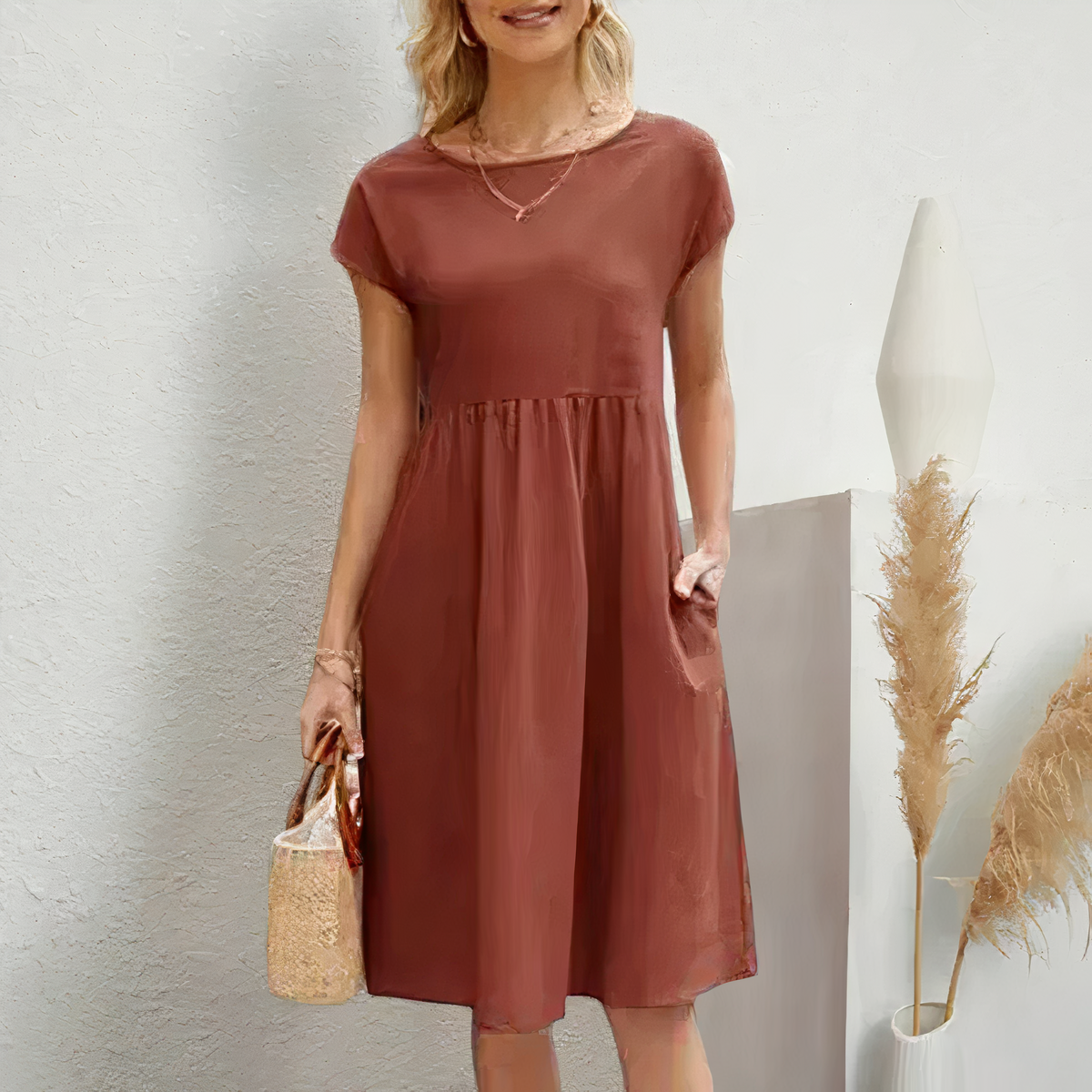 Cotton Blend Dress- Knee Length Side Pockets &amp; Fitted Waist