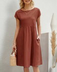 Cotton Blend Dress- Knee Length Side Pockets & Fitted Waist