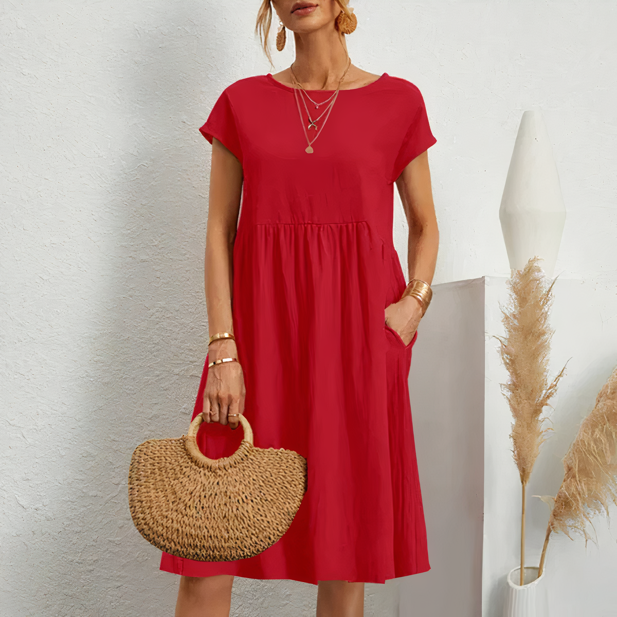 Cotton Blend Dress- Knee Length Side Pockets &amp; Fitted Waist