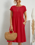 Cotton Blend Dress- Knee Length Side Pockets & Fitted Waist