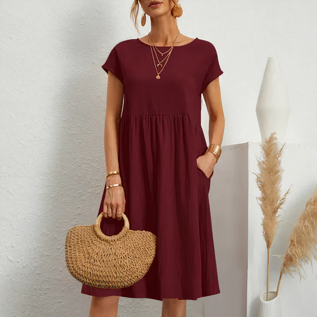 Cotton Blend Dress- Knee Length Side Pockets & Fitted Waist