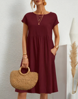 Cotton Blend Dress- Knee Length Side Pockets & Fitted Waist