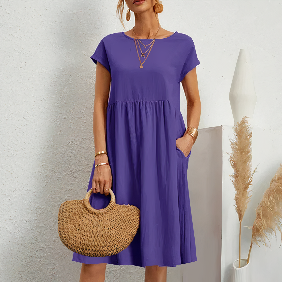Cotton Blend Dress- Knee Length Side Pockets & Fitted Waist