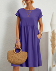 Cotton Blend Dress- Knee Length Side Pockets & Fitted Waist