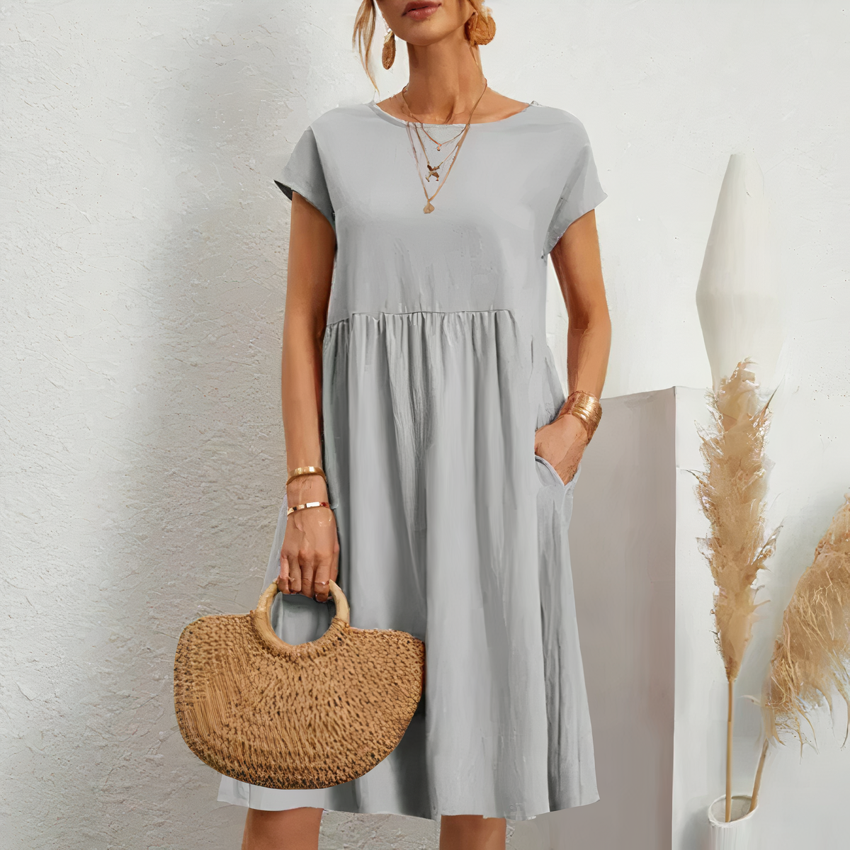 Cotton Blend Dress- Knee Length Side Pockets & Fitted Waist