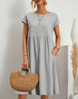 Cotton Blend Dress- Knee Length Side Pockets & Fitted Waist