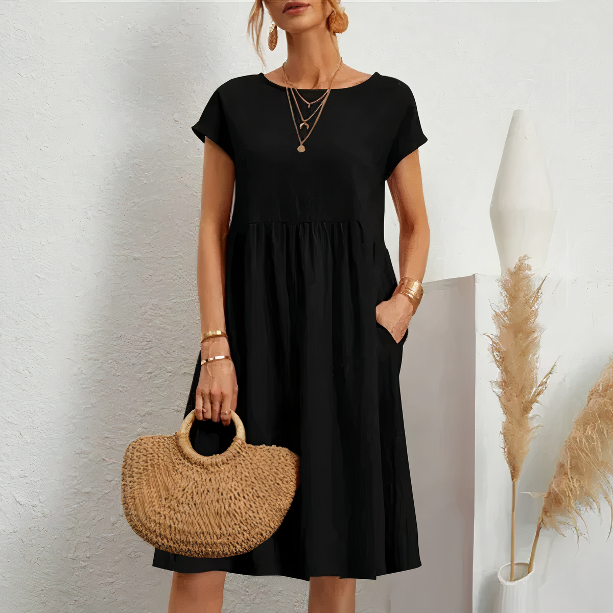 Cotton Blend Dress- Knee Length Side Pockets & Fitted Waist