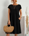 Cotton Blend Dress- Knee Length Side Pockets & Fitted Waist