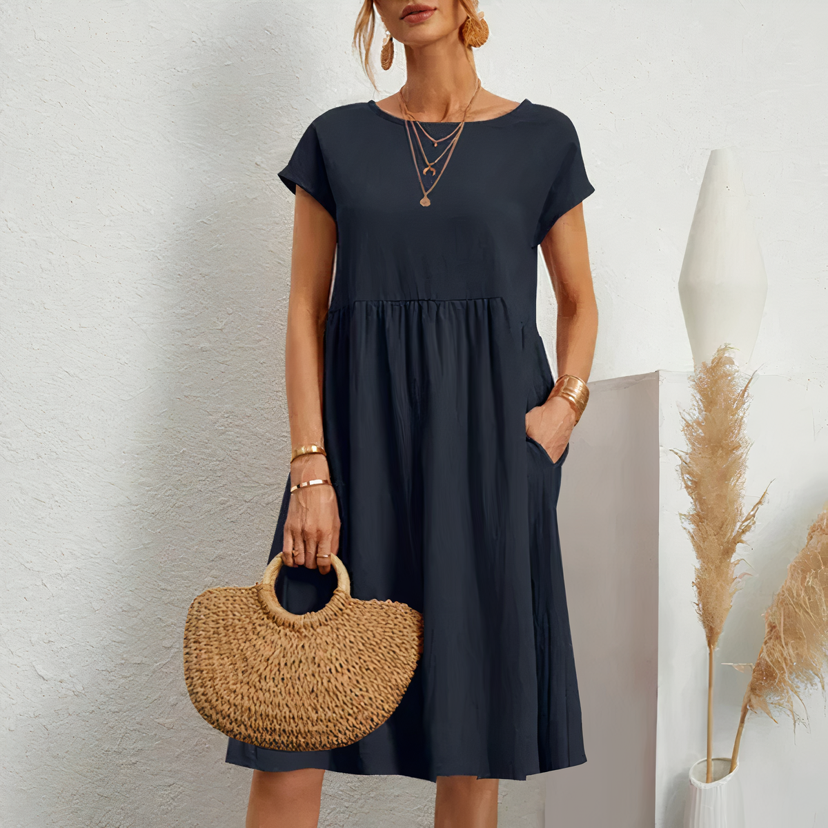 Cotton Blend Dress- Knee Length Side Pockets & Fitted Waist