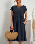 Cotton Blend Dress- Knee Length Side Pockets & Fitted Waist