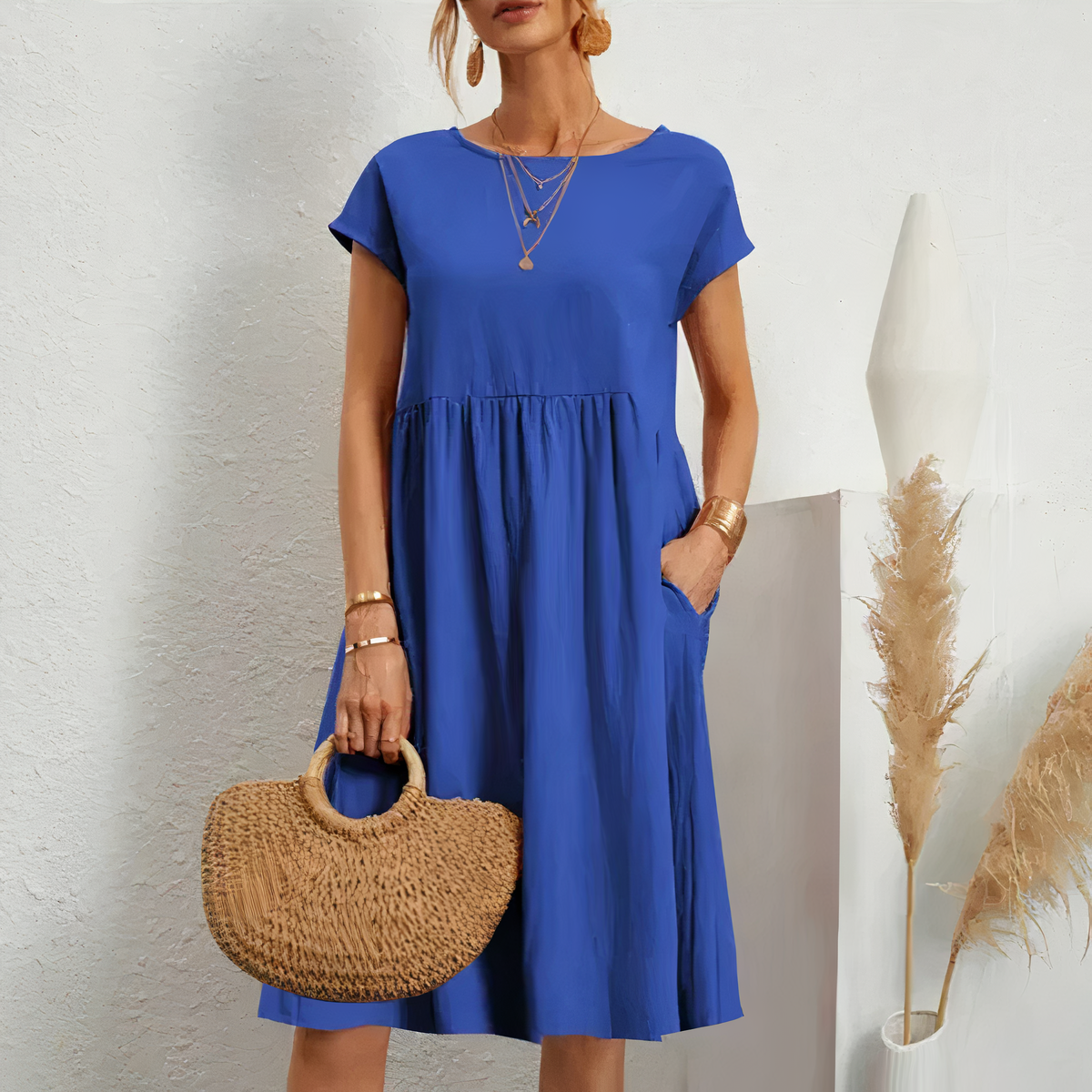 Cotton Blend Dress- Knee Length Side Pockets &amp; Fitted Waist