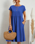 Cotton Blend Dress- Knee Length Side Pockets & Fitted Waist