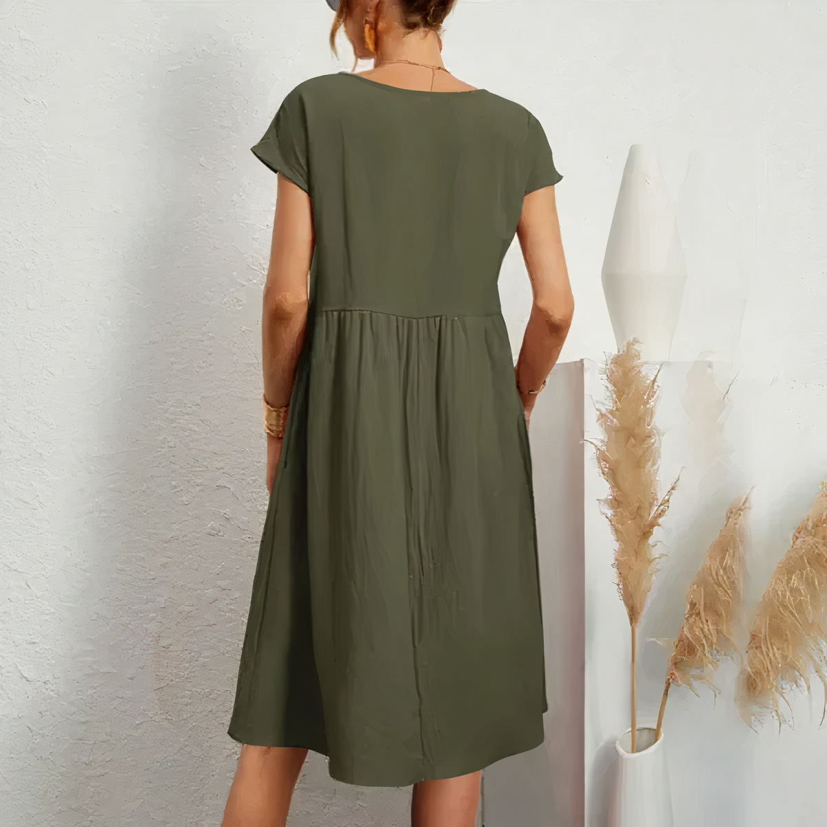 Cotton Blend Dress- Knee Length Side Pockets &amp; Fitted Waist