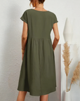 Cotton Blend Dress- Knee Length Side Pockets & Fitted Waist