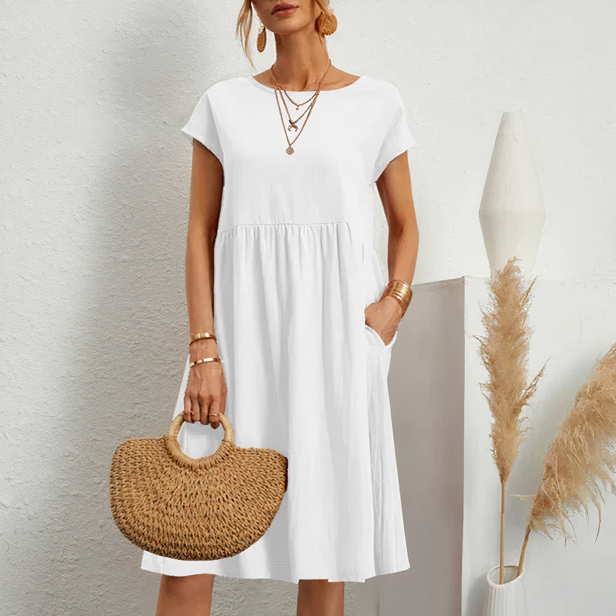 Cotton Blend Dress- Knee Length Side Pockets & Fitted Waist