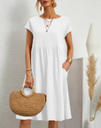 Cotton Blend Dress- Knee Length Side Pockets & Fitted Waist