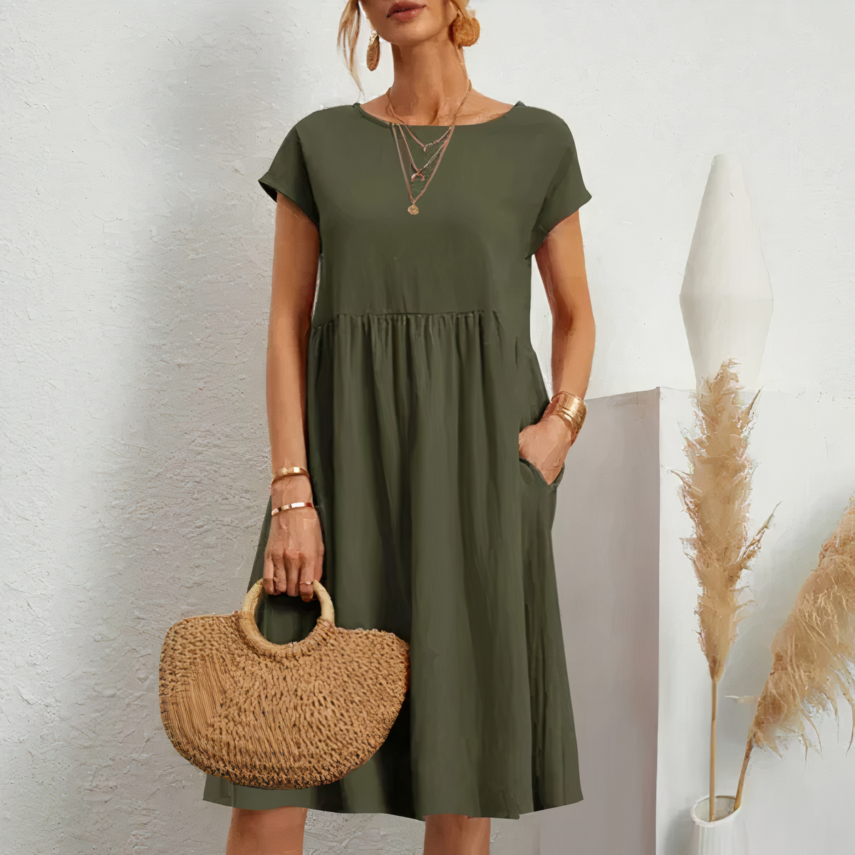 Cotton Blend Dress- Knee Length Side Pockets & Fitted Waist