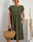 Cotton Blend Dress- Knee Length Side Pockets & Fitted Waist