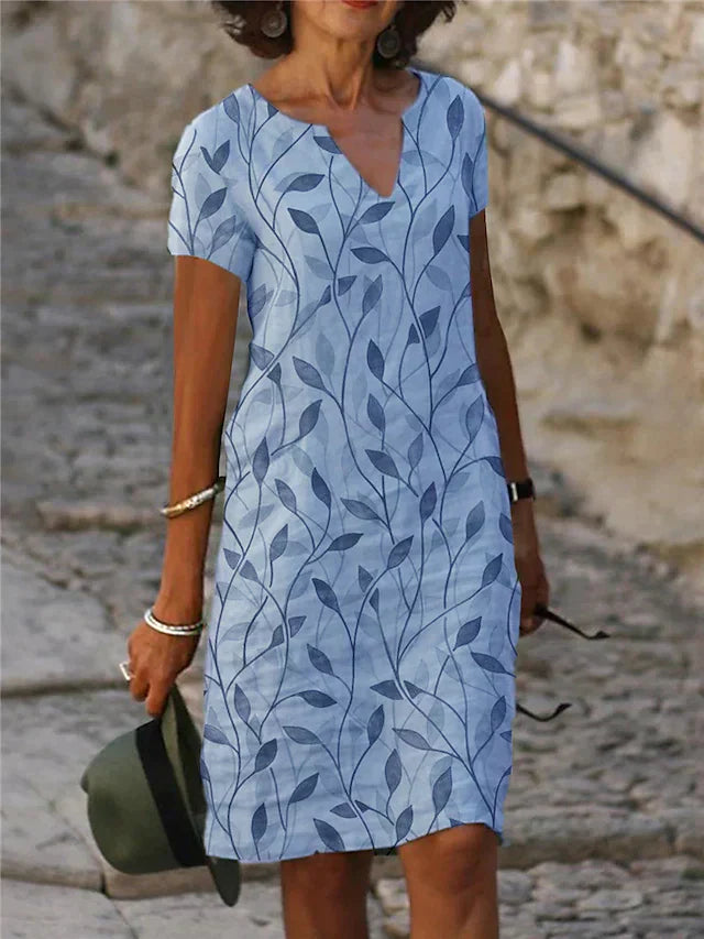 Cotton Blend Dress - V Neck Short Sleeves And Flowing Midi