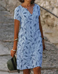 Cotton Blend Dress - V Neck Short Sleeves And Flowing Midi