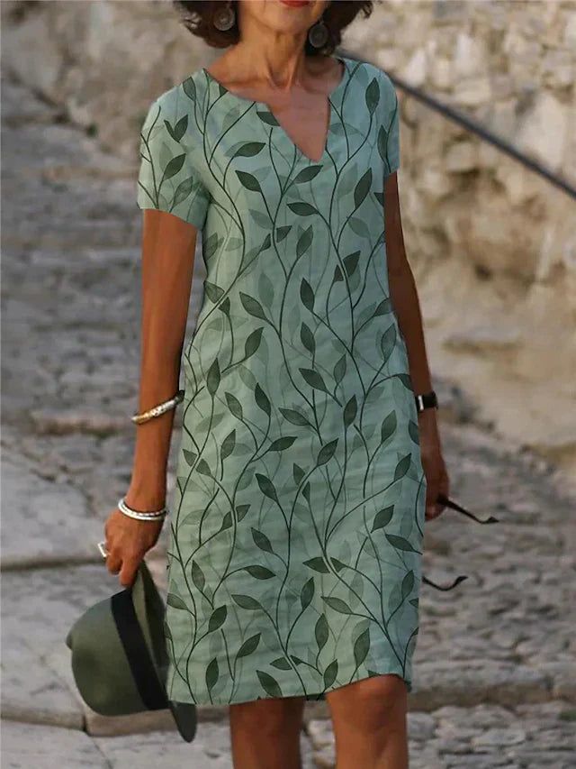 Cotton Blend Dress - V Neck Short Sleeves And Flowing Midi