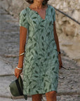 Cotton Blend Dress - V Neck Short Sleeves And Flowing Midi