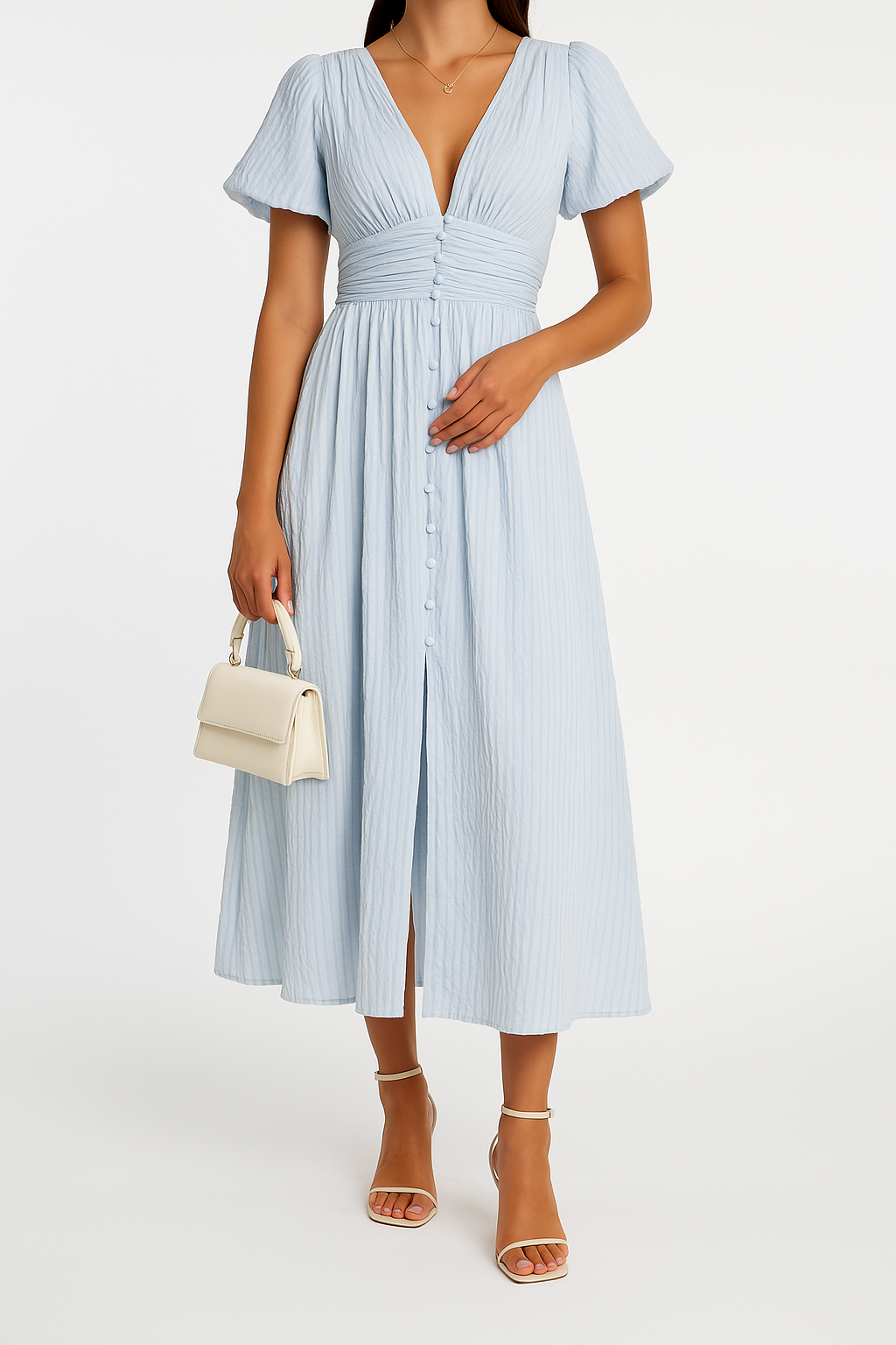 Cotton Blend Maxi Dress - V Neck & Shirred Waist Shape
