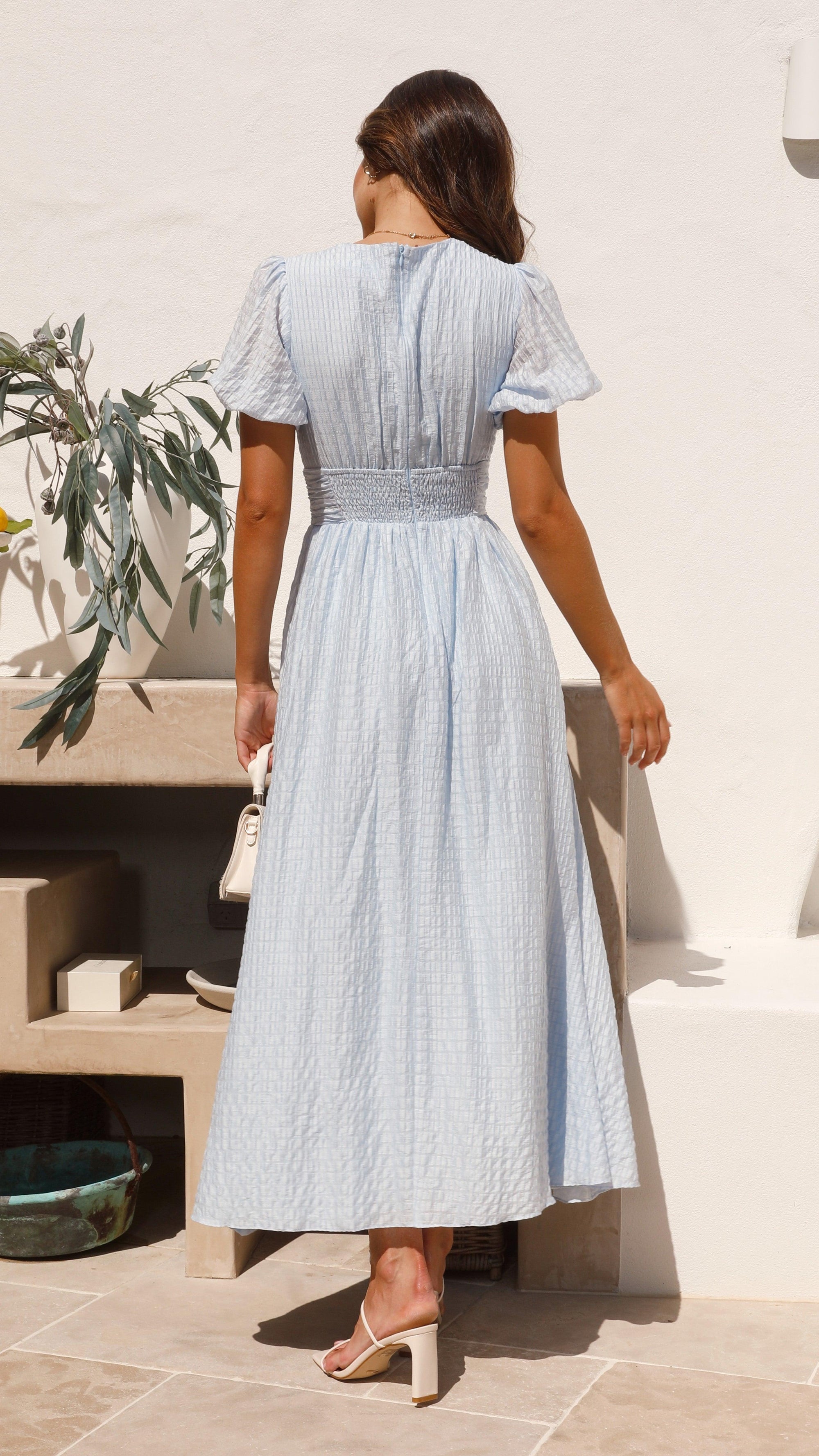 Cotton Blend Maxi Dress - V Neck & Shirred Waist Shape