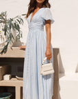 Cotton Blend Maxi Dress - V Neck & Shirred Waist Shape