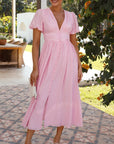 Cotton Blend Maxi Dress - V Neck & Shirred Waist Shape