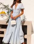 Cotton Blend Maxi Dress - V Neck & Shirred Waist Shape