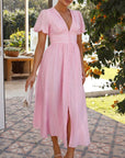 Cotton Blend Maxi Dress - V Neck & Shirred Waist Shape