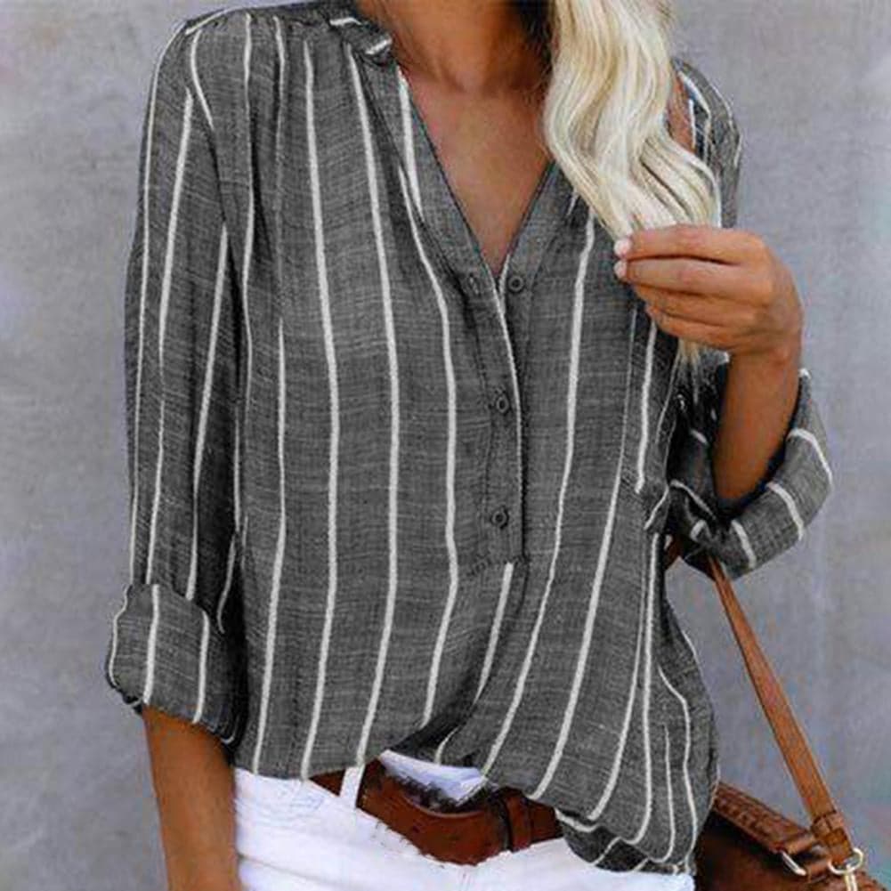 Cotton Blend Top – Striped V Neck & Button Front Easy Fit