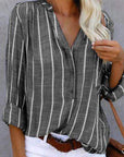 Cotton Blend Top – Striped V Neck & Button Front Easy Fit