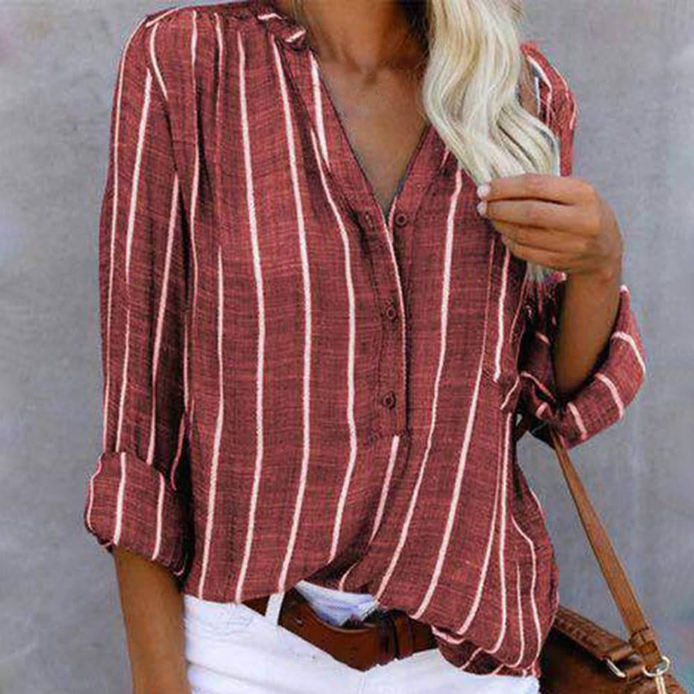 Cotton Blend Top – Striped V Neck & Button Front Easy Fit