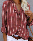 Cotton Blend Top – Striped V Neck & Button Front Easy Fit