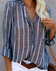 Cotton Blend Top – Striped V Neck & Button Front Easy Fit
