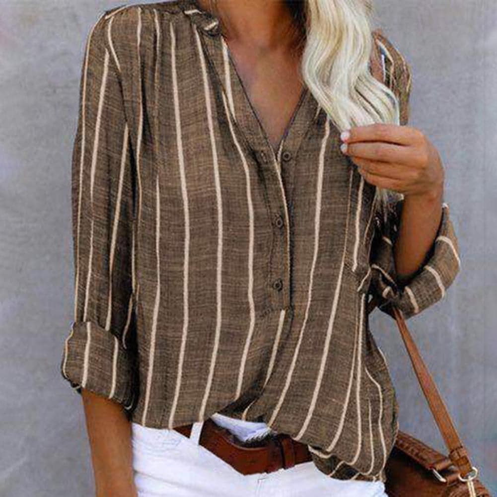 Cotton Blend Top – Striped V Neck & Button Front Easy Fit
