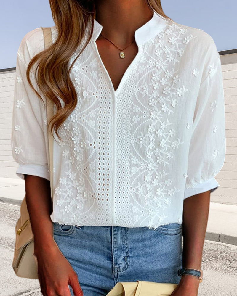 Cotton Blend Top – V Neck Lace Patchwork & Breathable Fit