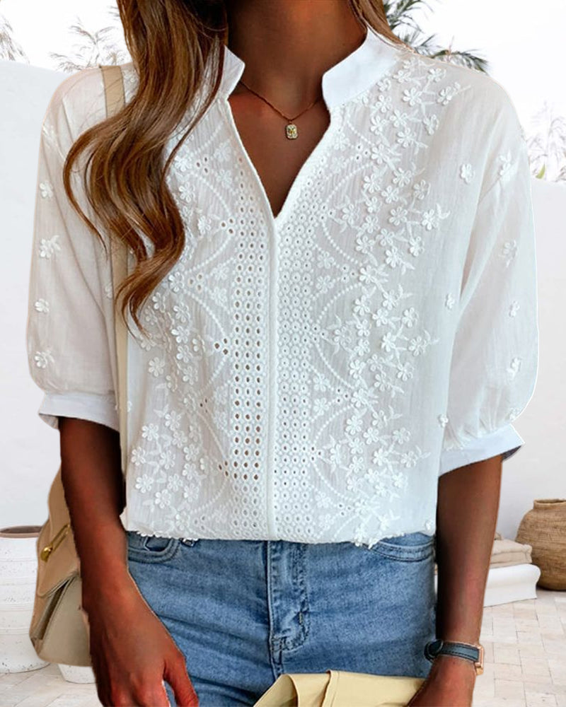 Cotton Blend Top – V Neck Lace Patchwork & Breathable Fit